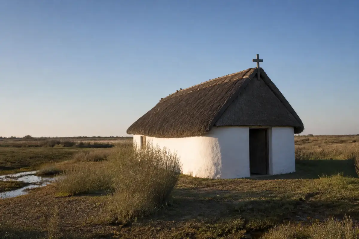 Cabane de gardian aux murs blanchis et au toit de roseaux, isolée dans la plaine camarguaise.
