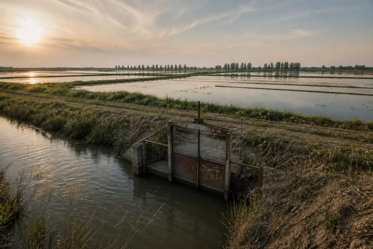 Rizières inondées de Camargue au printemps, avec une vanne d'irrigation au premier plan.