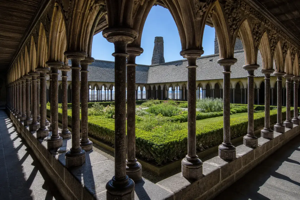 Cloître de la Merveille du Mont-Saint-Michel avec sa double rangée de fines colonnes autour du jardin.