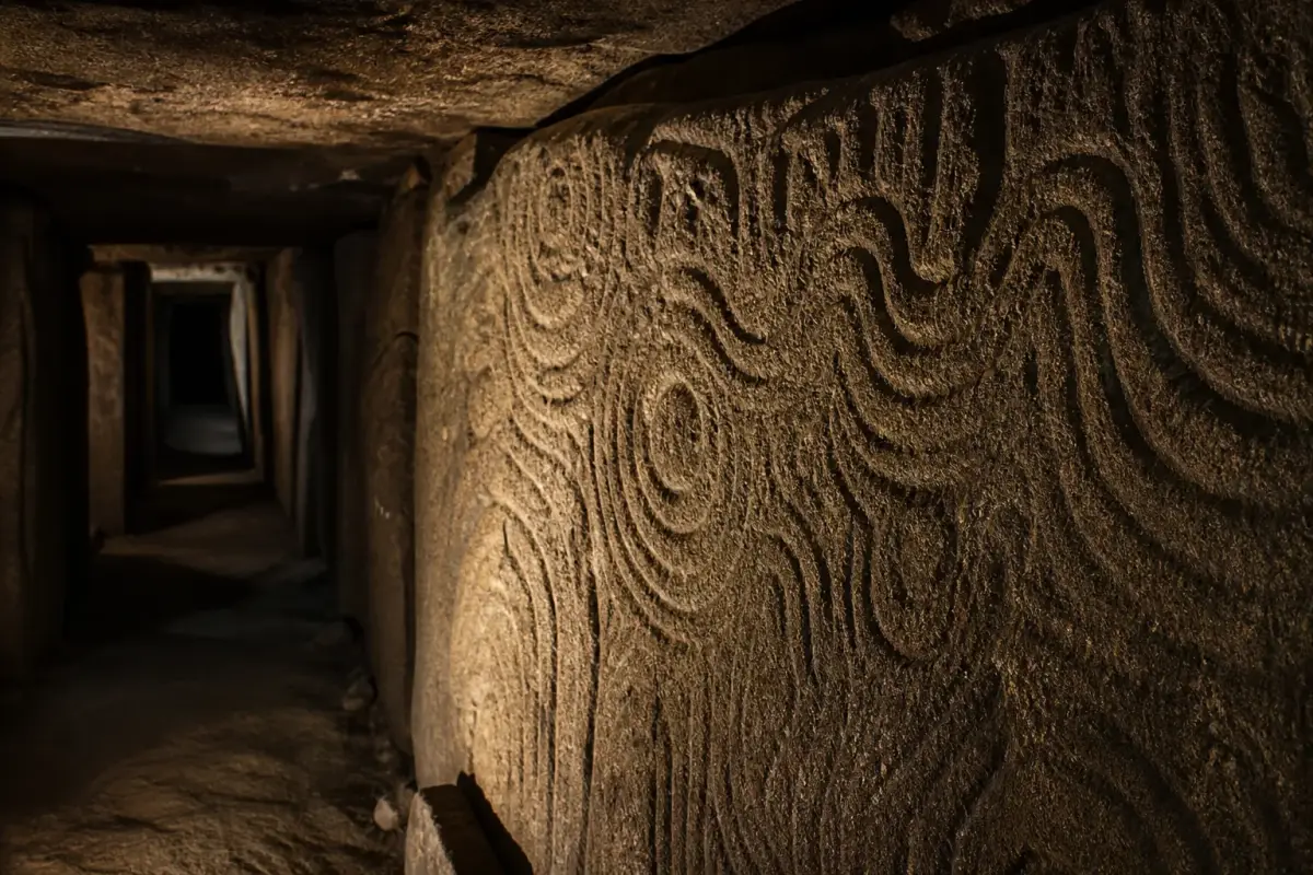 Dalle de granit gravée de motifs concentriques dans le couloir du cairn de Gavrinis.