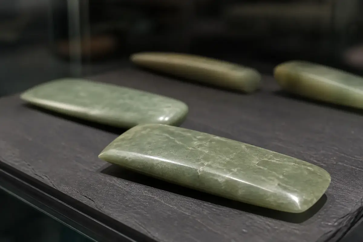 Haches polies en jadéite vert pâle du Néolithique morbihannais présentées en vitrine.
