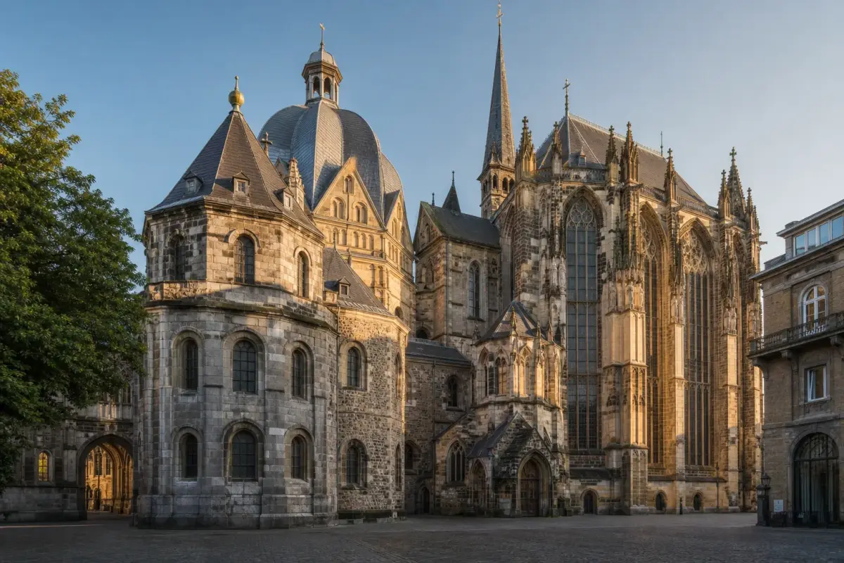 Extérieur de la cathédrale d'Aix-la-Chapelle, avec l'octogone carolingien et le chœur gothique voisin.