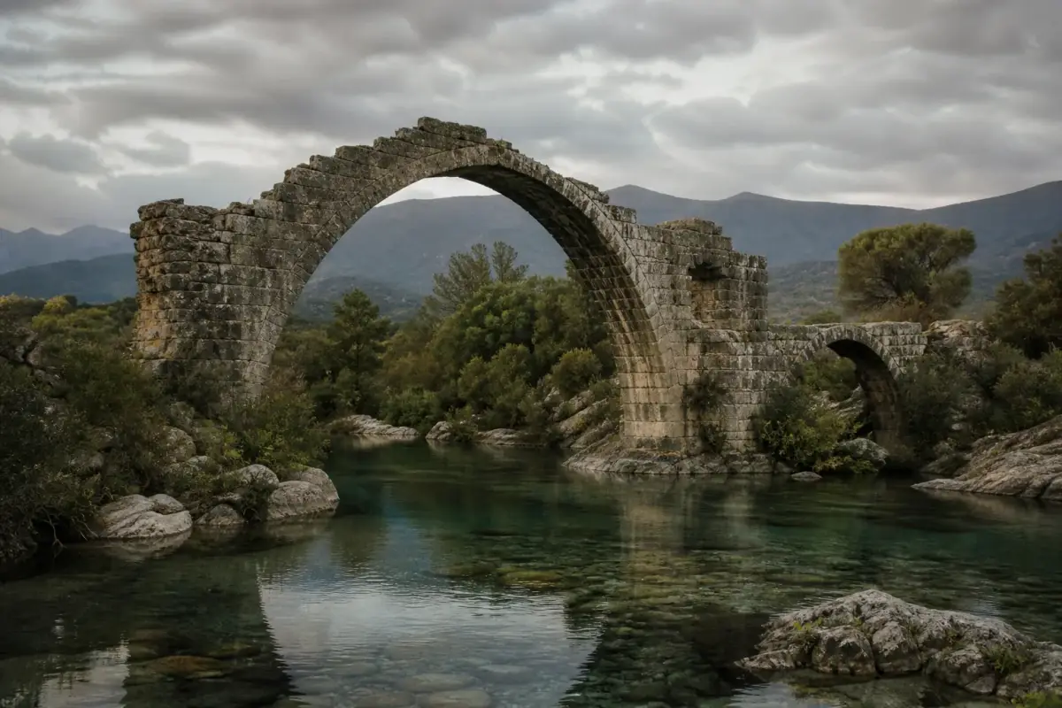 Arches ruinées du pont de Ponte-Novu au-dessus du Golo, entourées de maquis.