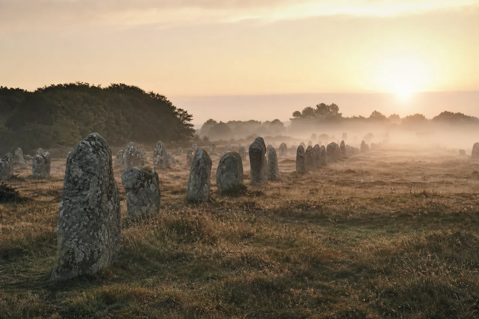 Files de menhirs de granit alignées dans la lande du Ménec à Carnac, sous un ciel breton nuageux.
