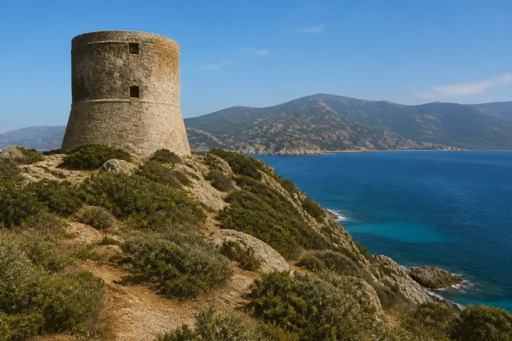 Tour génoise ronde sur un promontoire de granit rose dominant une crique aux eaux turquoise.