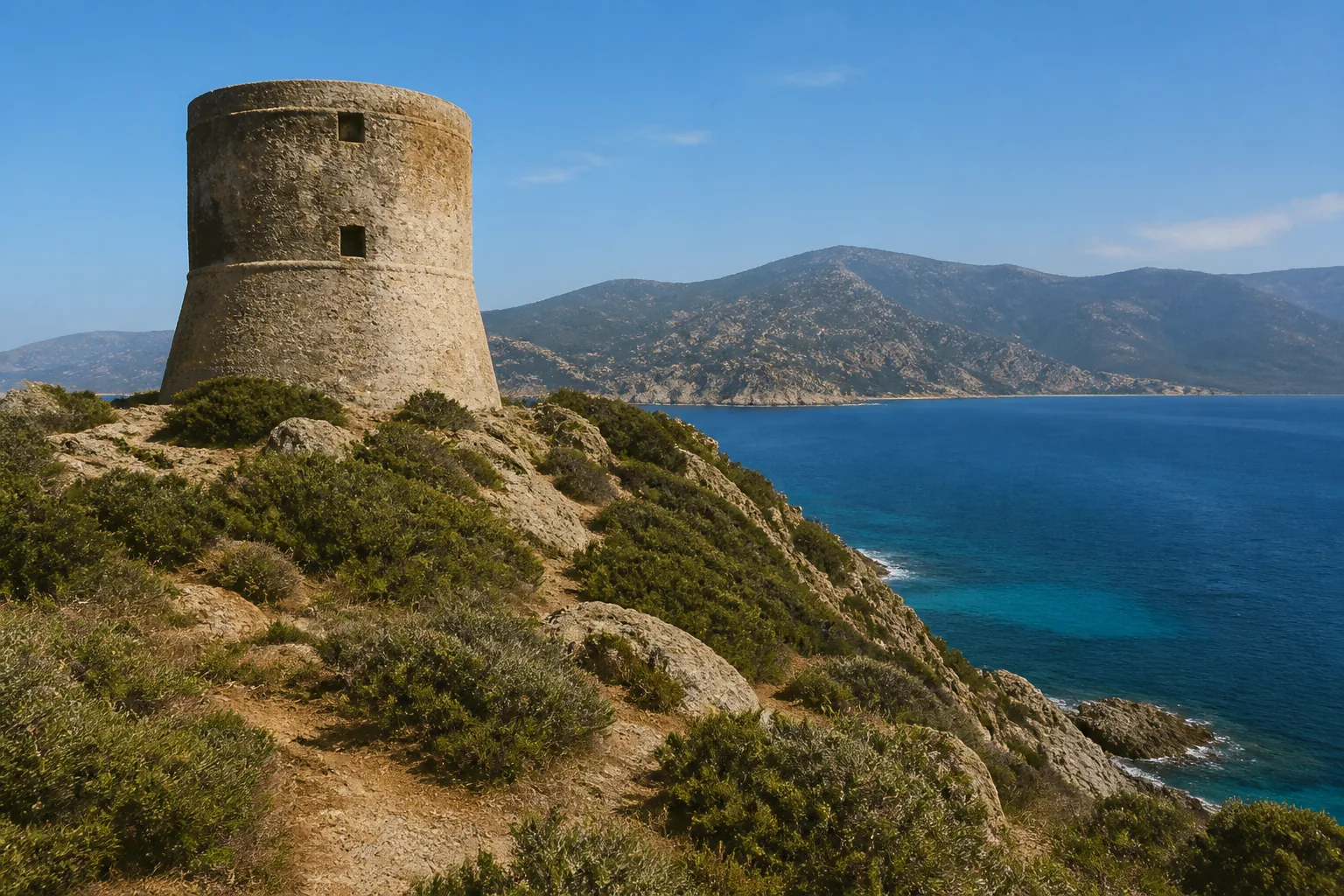 Tour génoise ronde sur un promontoire de granit rose dominant une crique aux eaux turquoise.