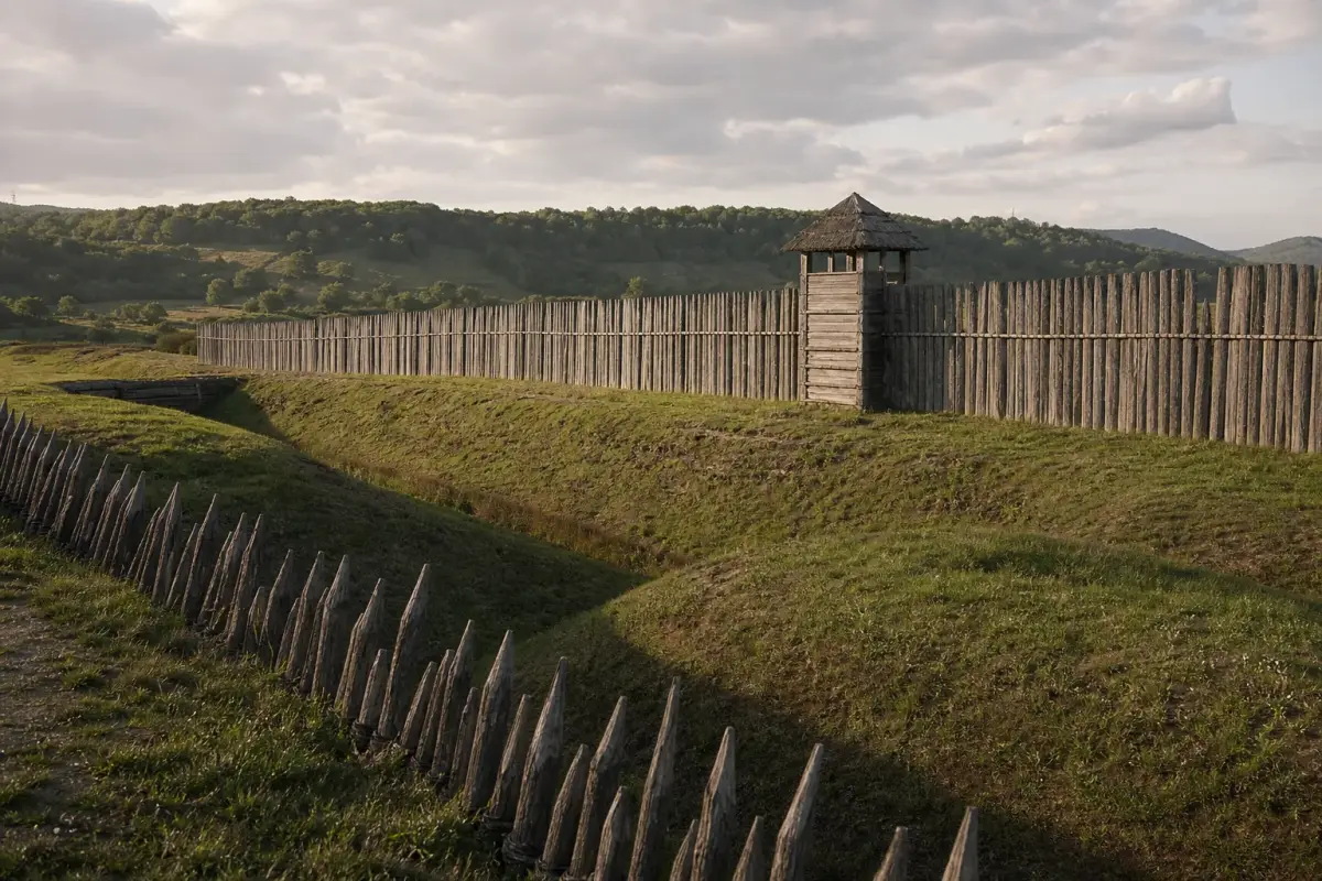 Reconstitution en bois des fortifications romaines du siège d'Alésia, avec palissade, tour de guet et fossés, au pied du mont Auxois.