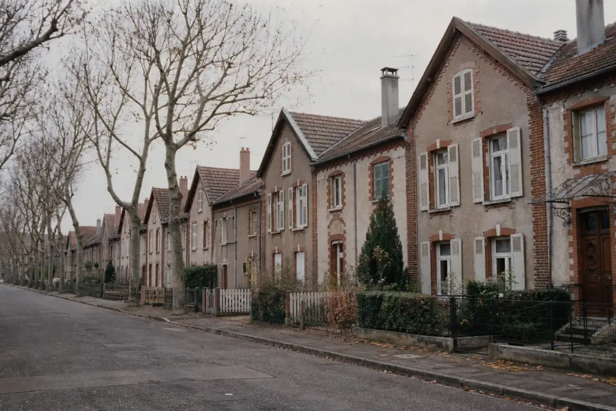 Rangée de maisons ouvrières du XIXe siècle aux toits pentus et petits jardins dans la Cité ouvrière de Mulhouse.