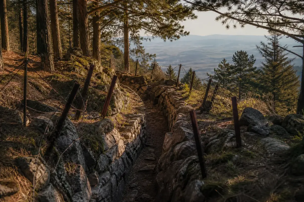Tranchée bordée de pierres et piquets rouillés dans la forêt du Hartmannswillerkopf, avec la plaine d'Alsace en contrebas.
