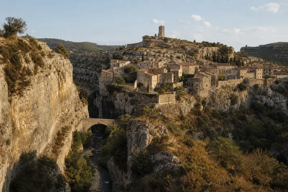 Le village de Minerve perché sur son éperon calcaire au-dessus des gorges de la Cesse, avec la tour de la Candela.