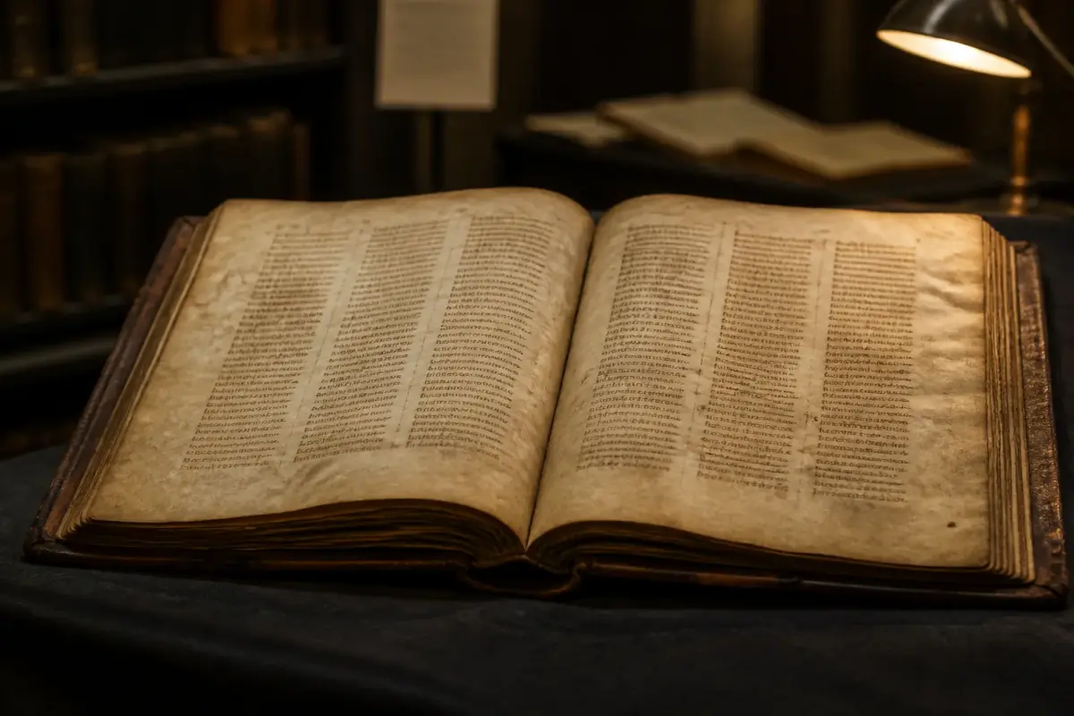 Registre manuscrit médiéval sur parchemin ouvert sous une lumière tamisée dans une salle d'archives.