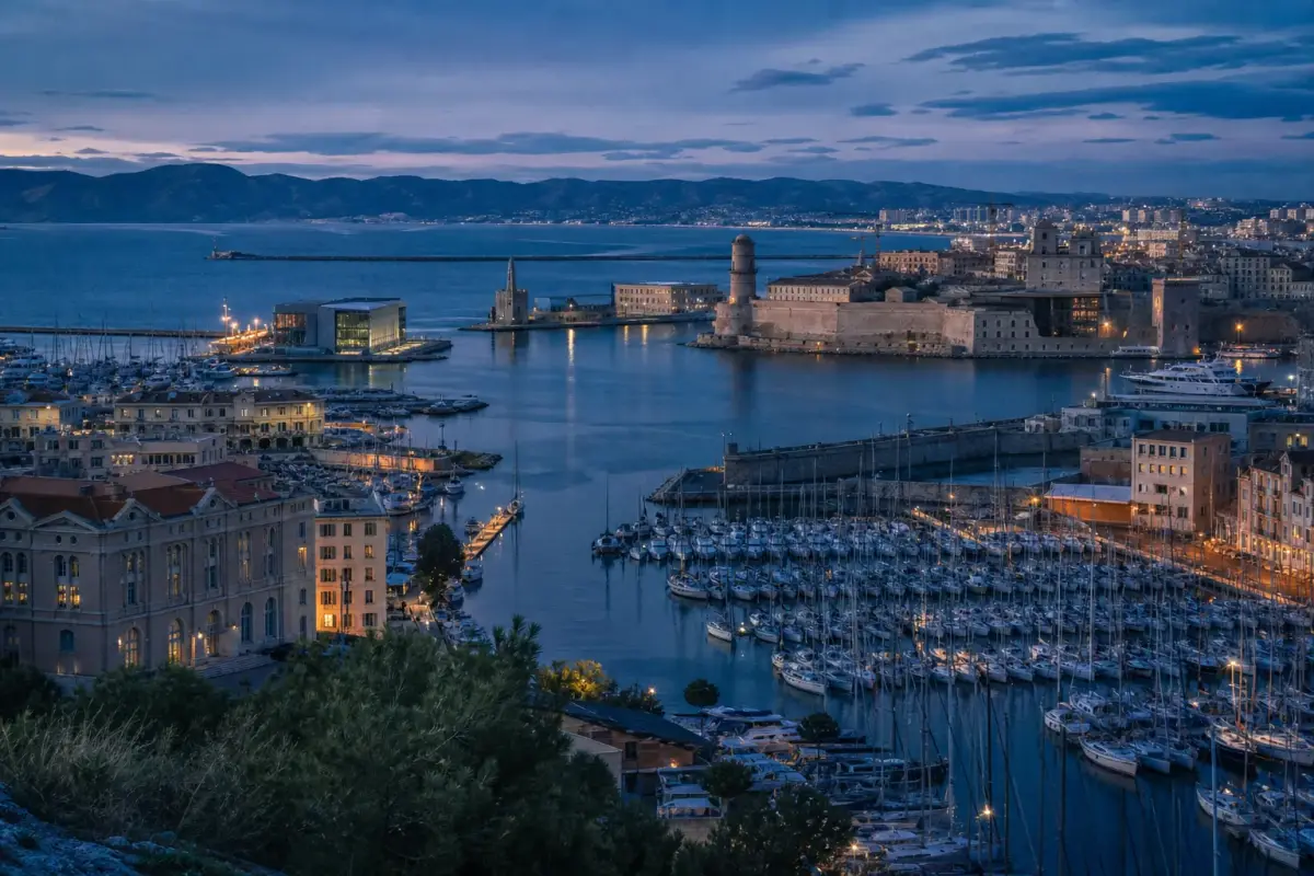 Le Vieux-Port de Marseille vu depuis la butte Saint-Laurent à la tombée du jour.