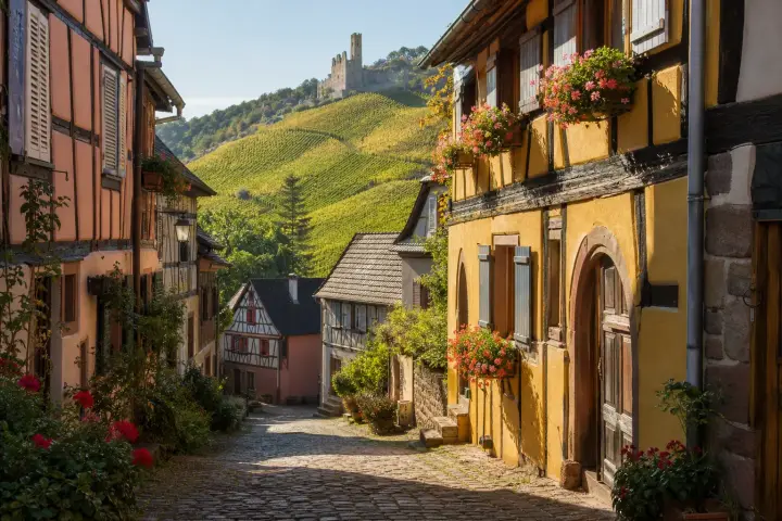 Village viticole alsacien aux maisons à colombages colorées, avec le vignoble et les Vosges en arrière-plan.