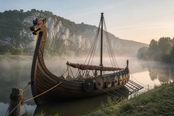 Falaises de craie de la côte normande au petit matin, avec une barque tirée sur les galets.