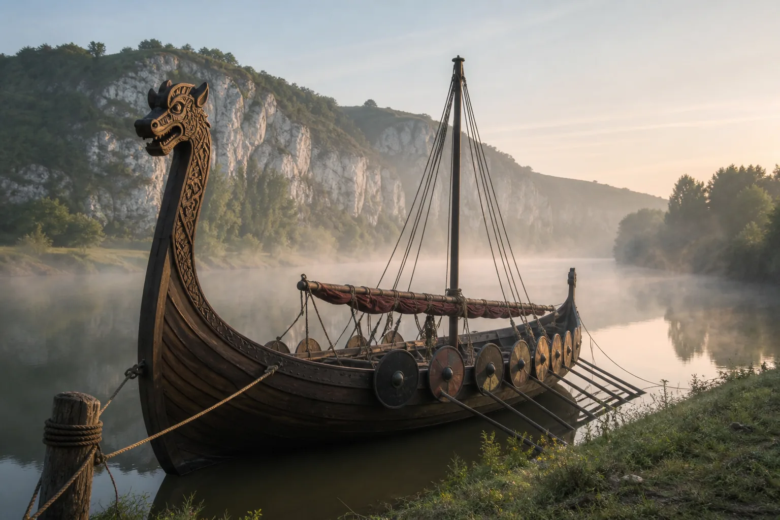 Falaises de craie de la côte normande au petit matin, avec une barque tirée sur les galets.