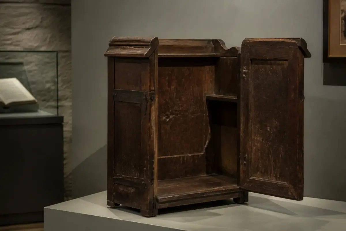 Chaire de bois pliante du XVIIIe siècle exposée au musée du Désert de Mialet.