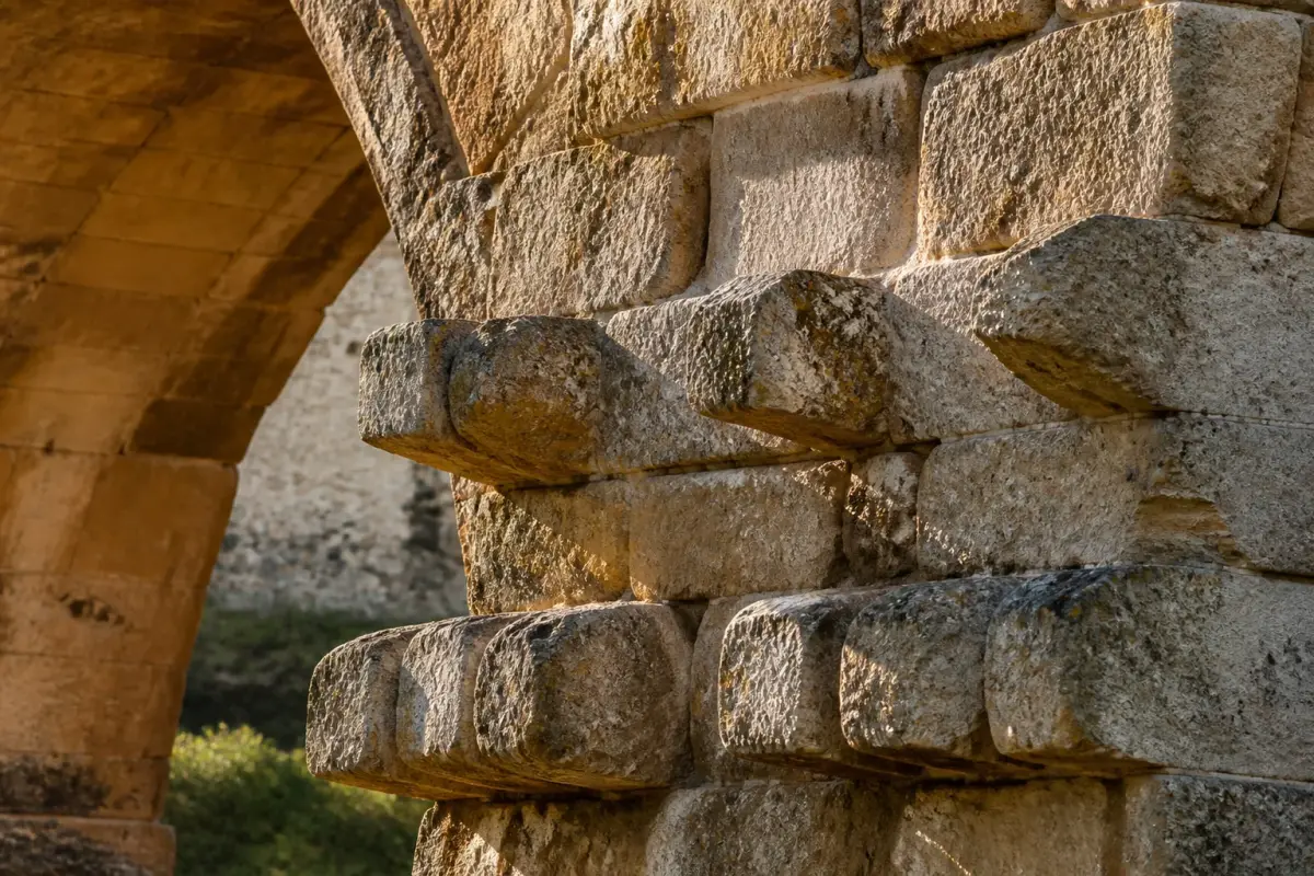 Pierres en saillie sur une pile du pont du Gard, vestiges des supports d'échafaudage romains.