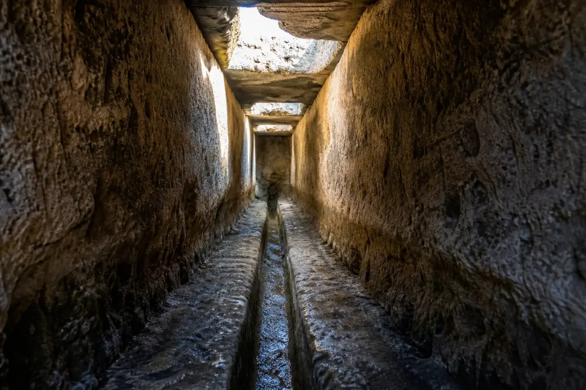 Le canal du niveau supérieur du pont du Gard, tapissé de concrétions calcaires.