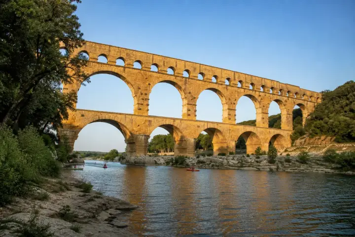 Les trois niveaux d'arches en pierre dorée du pont du Gard enjambant le Gardon dans la lumière du soir.