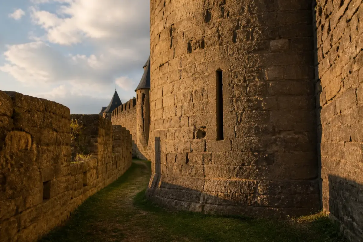 Parement de grès à bossages et archère d'une tour royale du XIIIe siècle dans les lices de Carcassonne.