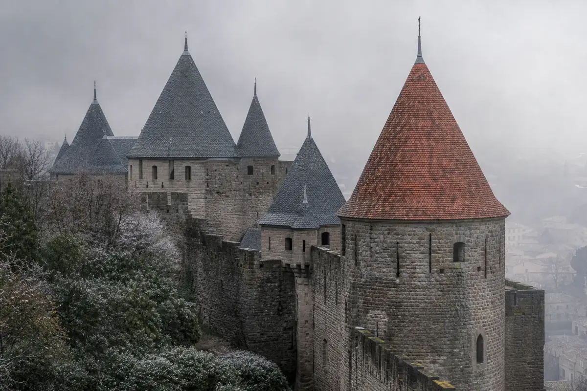 Tours de Carcassonne coiffées d'ardoise près d'une tour couverte de tuiles, sous la brume d'un matin d'hiver.