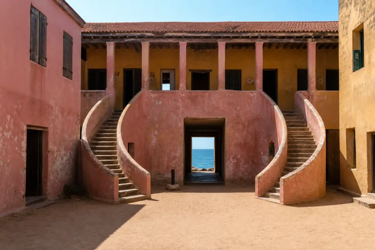 Façade ocre et escalier double de la Maison des Esclaves de Gorée, avec une porte ouverte sur l'océan.