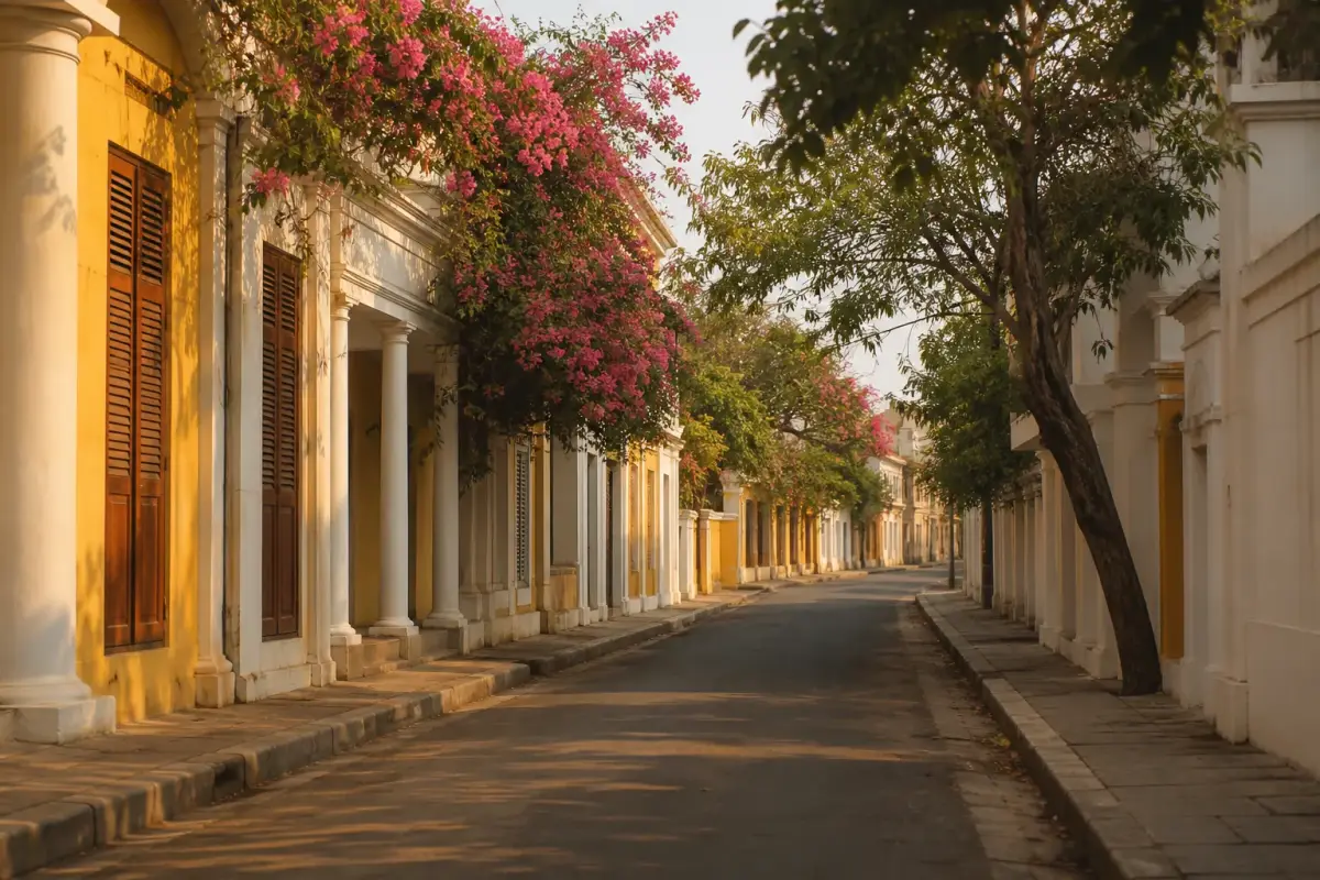 Rue calme de la ville blanche de Pondichéry bordée de maisons coloniales jaunes à colonnes.