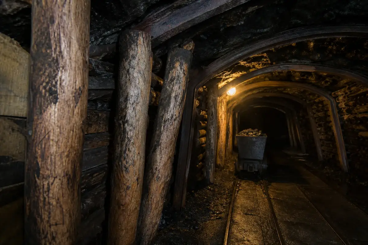 Galerie de mine reconstituée avec ses étais de bois et ses rails au Centre historique minier de Lewarde.