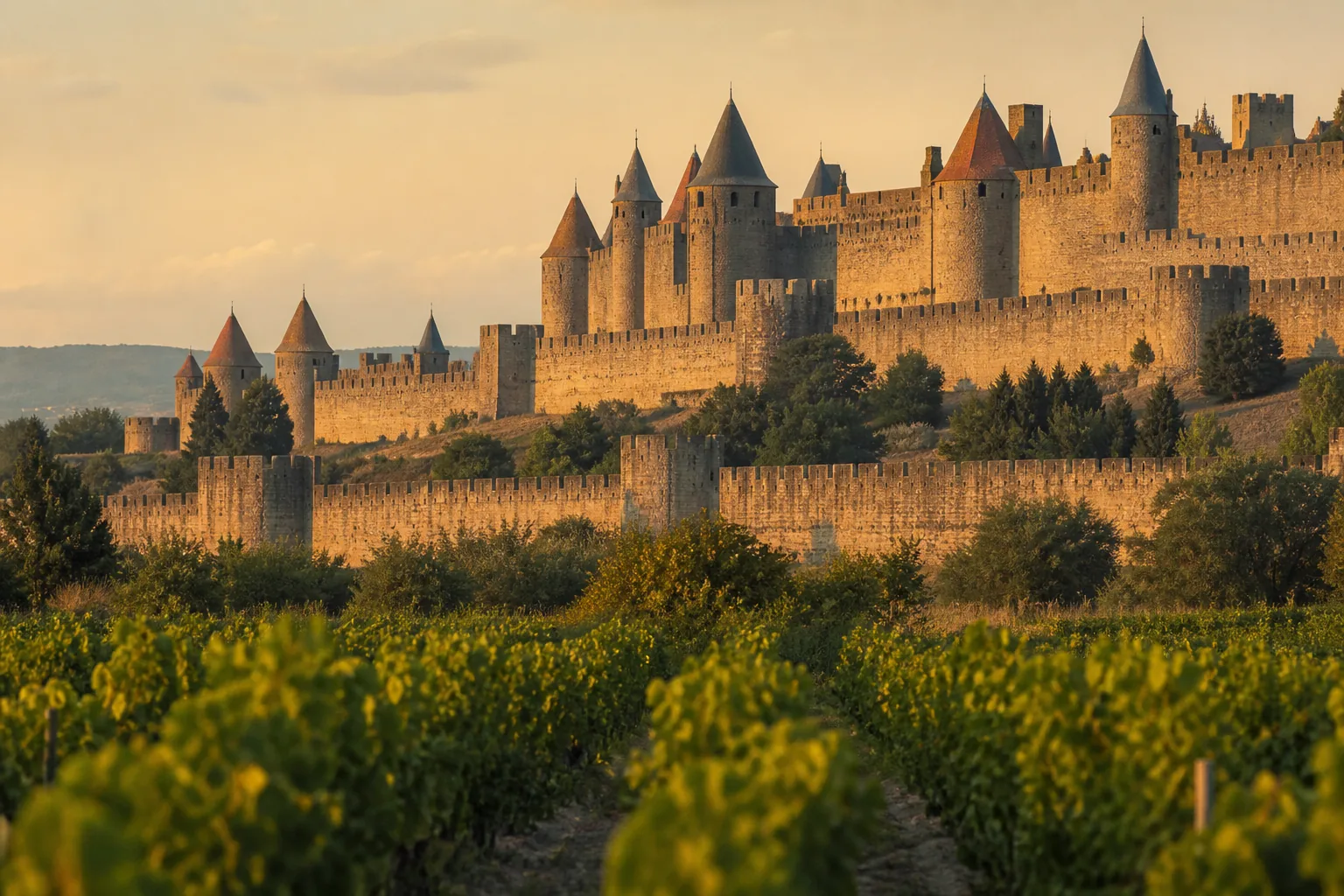 Les tours coiffées d'ardoise et la double enceinte de la Cité de Carcassonne vues depuis les vignes au sud.