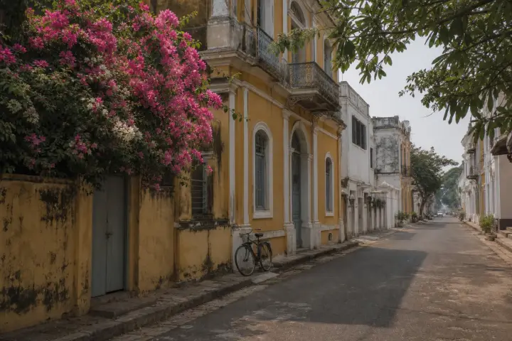 Façades coloniales aux balcons de bois et volets colorés le long d'une rue de l'île de Saint-Louis du Sénégal.