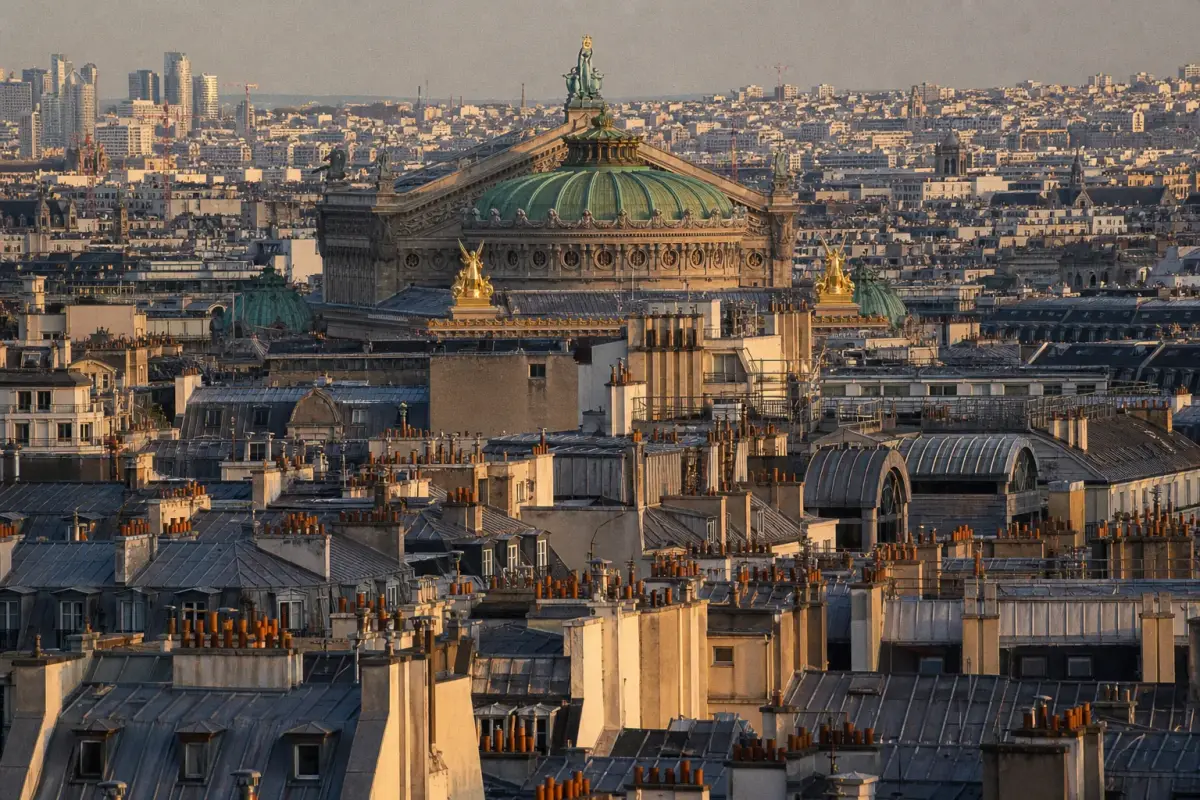Toits de zinc et cheminées de Paris avec le dôme de l'Opéra Garnier au loin.