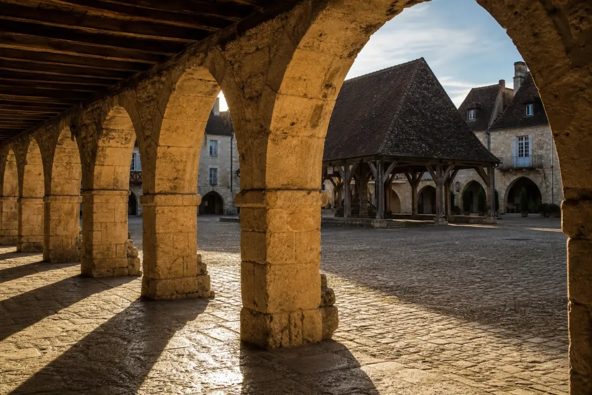 Les arcades de pierre de la place centrale de Monpazier, bastide fondée en 1285.