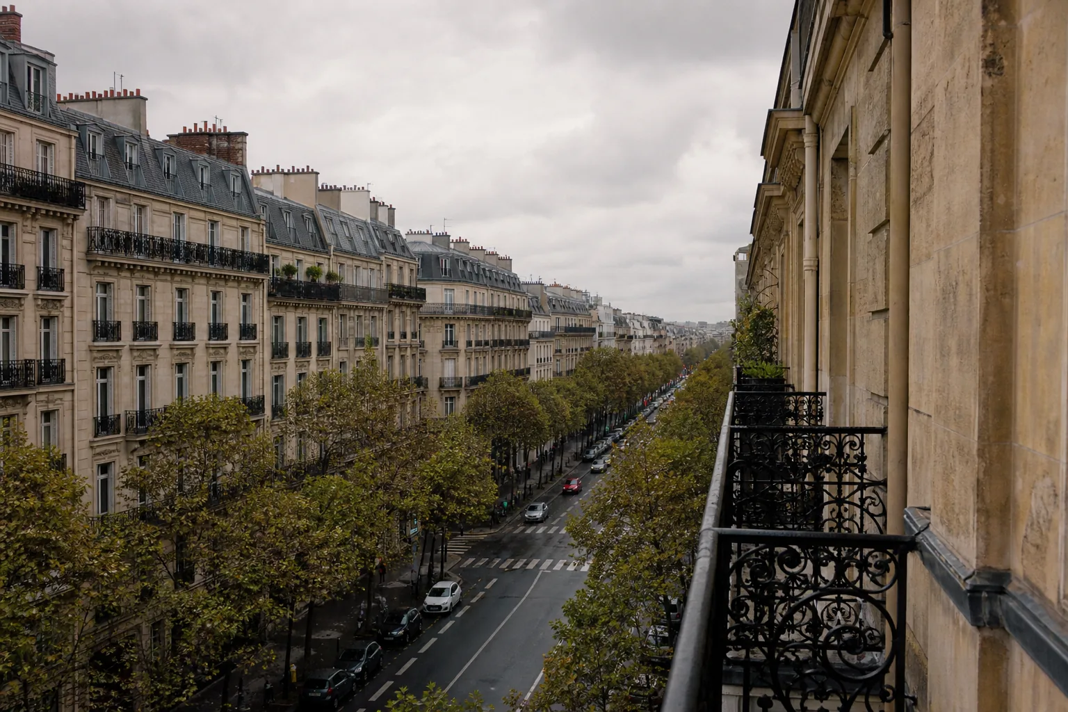 Perspective d'un boulevard parisien bordé d'immeubles haussmanniens en pierre de taille aux balcons filants.