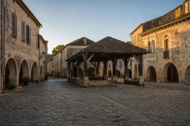 Château médiéval perché sur une falaise calcaire au-dessus d'une boucle de la Dordogne, en fin d'après-midi.