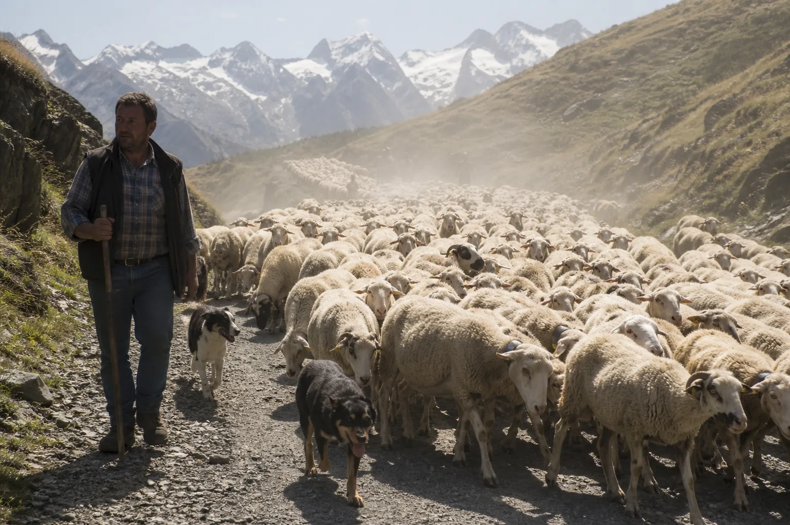 Troupeau de brebis conduit par des bergers sur une route de montagne des Pyrénées, sous les regards des villageois.