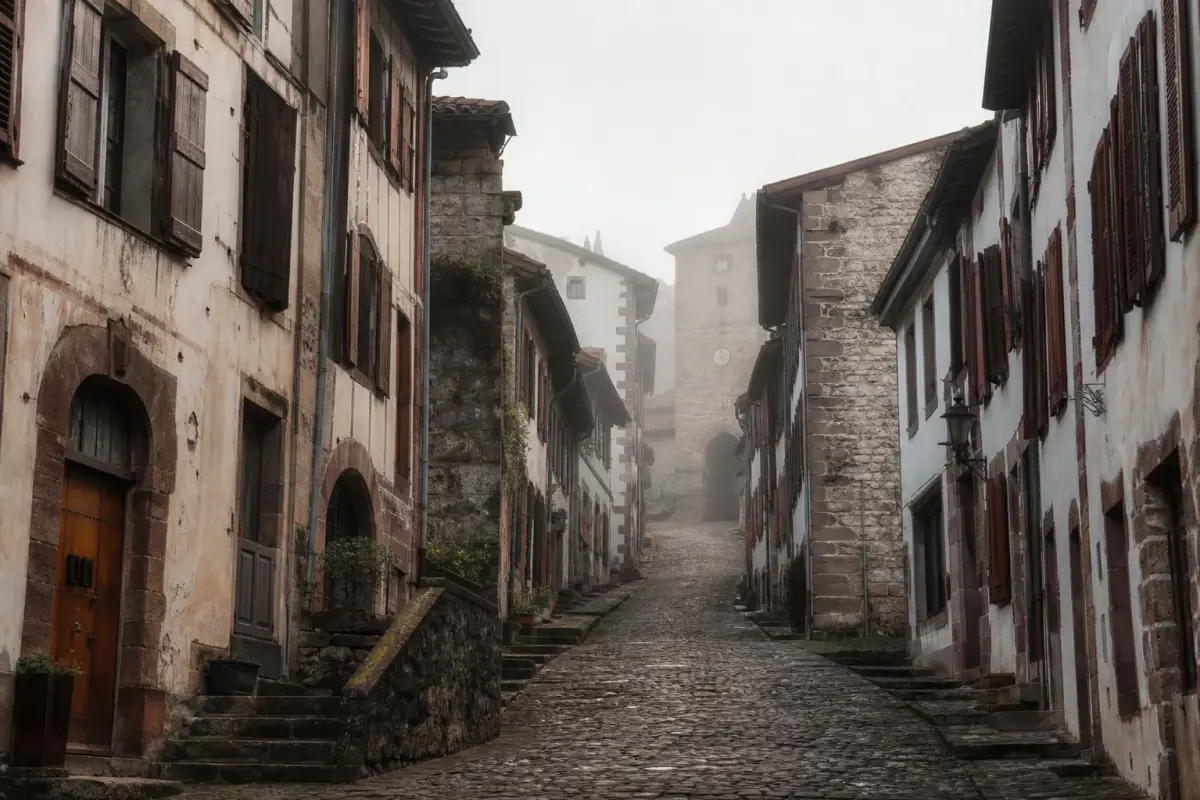 Rue pavée de Saint-Jean-Pied-de-Port montant vers la porte Saint-Jacques au petit matin.