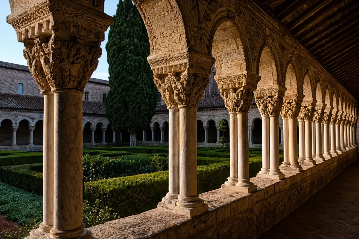 Galerie du cloître roman de Moissac avec ses colonnes de marbre et ses chapiteaux sculptés.
