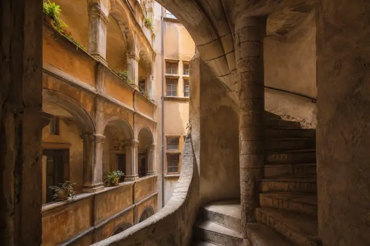 Cour Renaissance du Vieux-Lyon avec galeries à arcades et escalier à vis, traversée par une traboule.