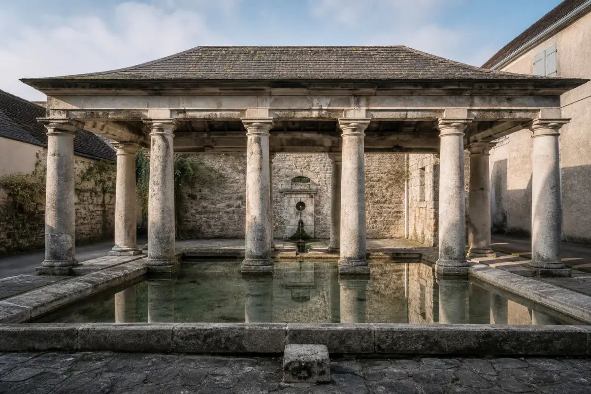 Lavoir à colonnes doriques d'un village de Haute-Saône, bassin d'eau claire sous le toit de pierre.