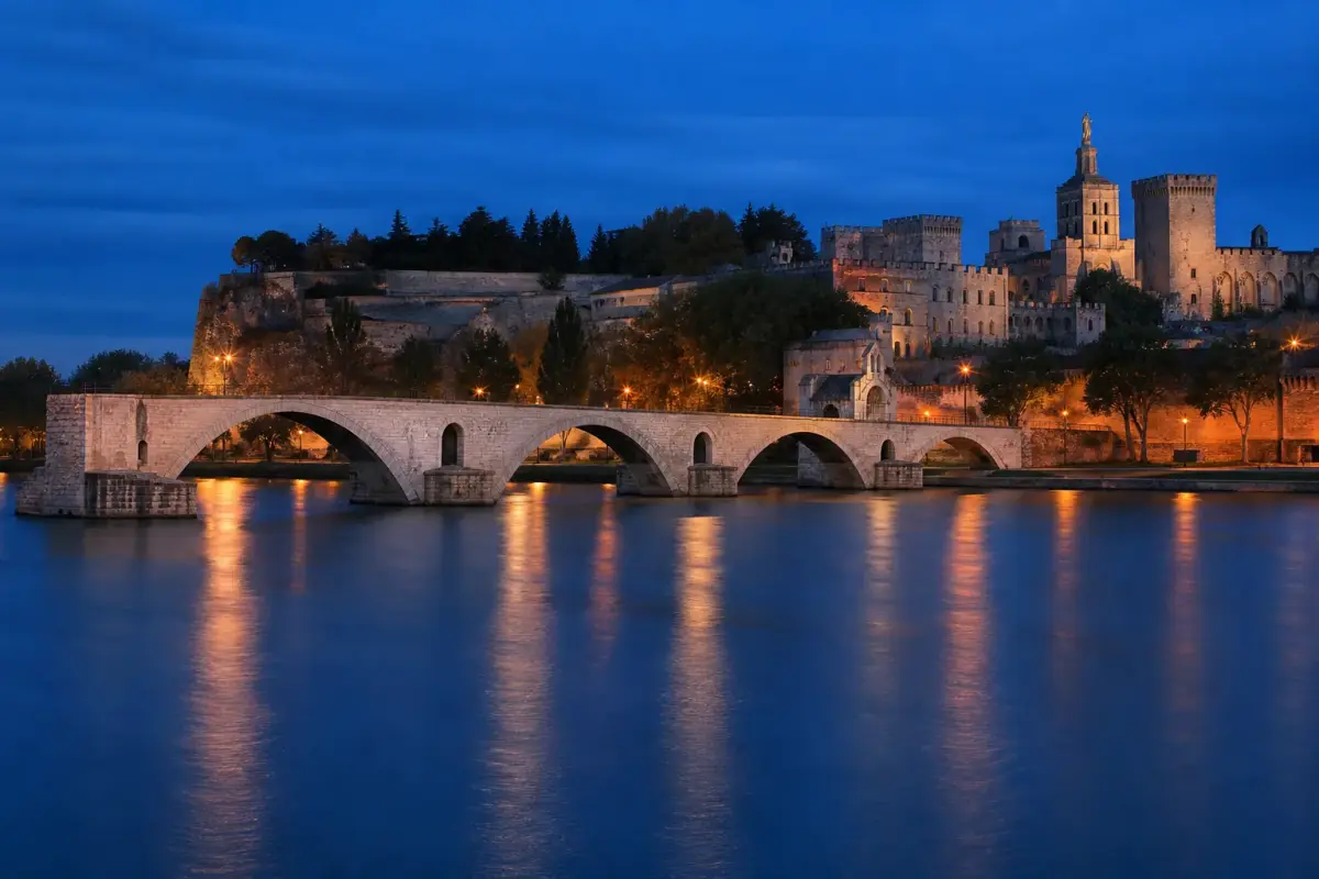 Les quatre arches subsistantes du pont Saint-Bénézet à Avignon, avec le palais des papes en arrière-plan.