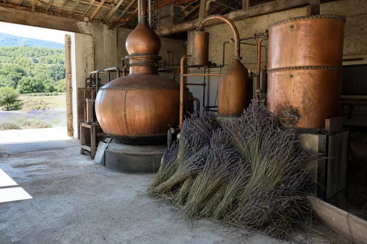 Alambics de cuivre dans une distillerie de lavande de Haute-Provence.